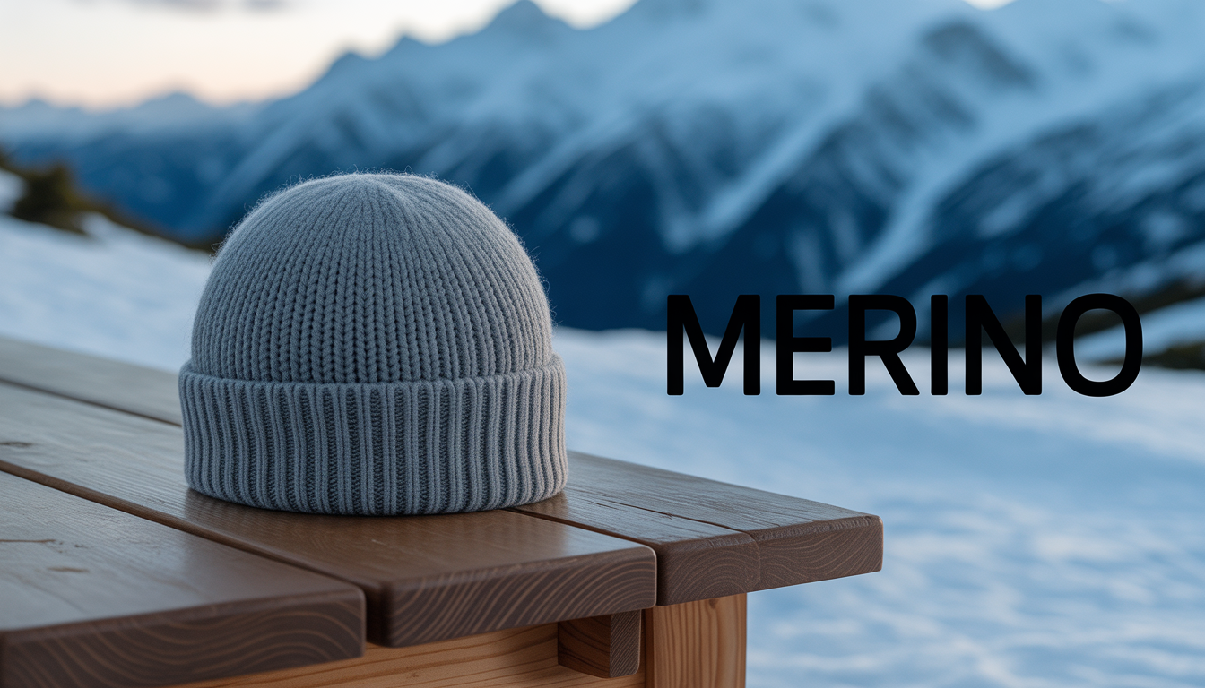 Light grey Merino wool beanie placed on a wooden bench in a snowy mountain landscape during sunrise, with blurred alpine peaks in the background.