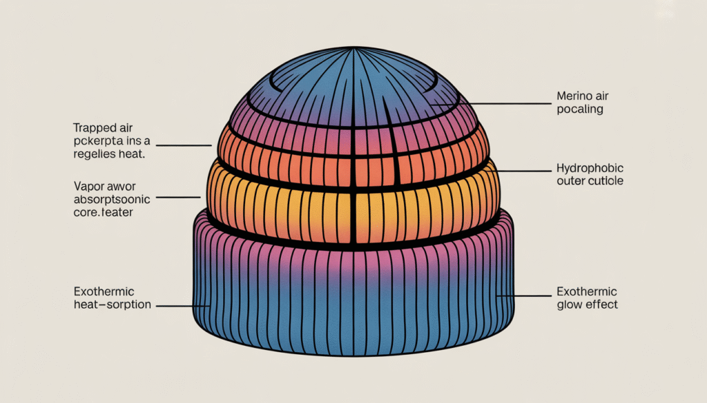 Cutaway illustration of a Merino wool beanie showing layered thermal functions, including trapped air insulation, vapor absorption, hydrophobic outer cuticle, and exothermic heat-sorption properties.