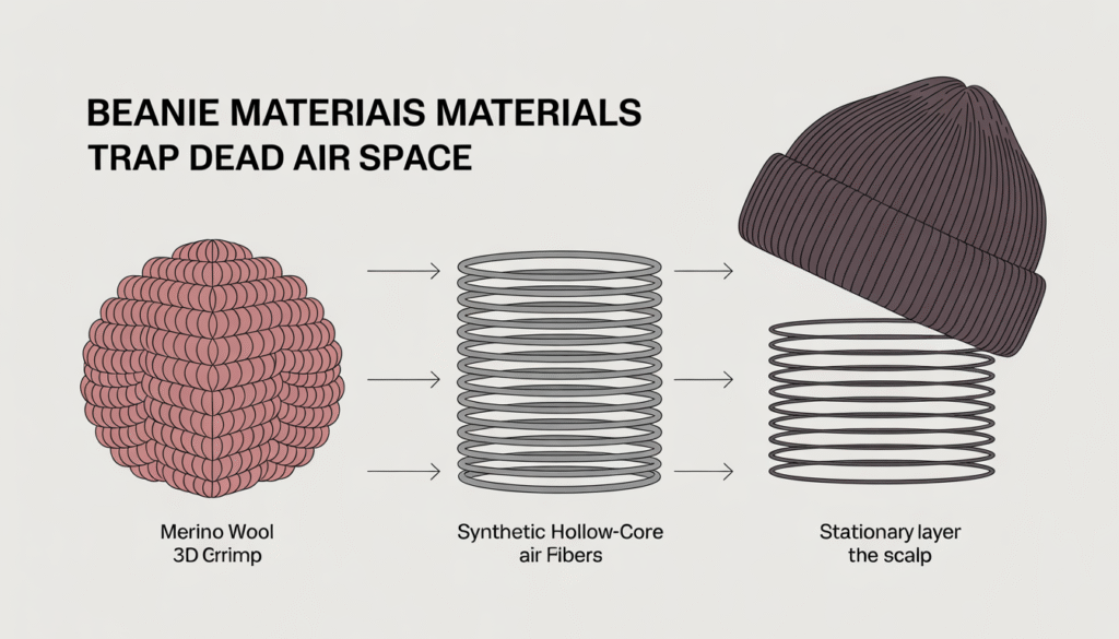 Cross-section diagram of beanie material showing Merino wool 3D helical crimp creating Dead Air Space versus acrylic synthetic straight filaments with hollow-core structure affecting convective heat-loss