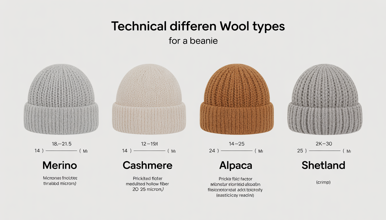 Infographic comparing wool types for beanies, including Merino, Cashmere, Alpaca, and Shetland with their micron ranges and technical properties