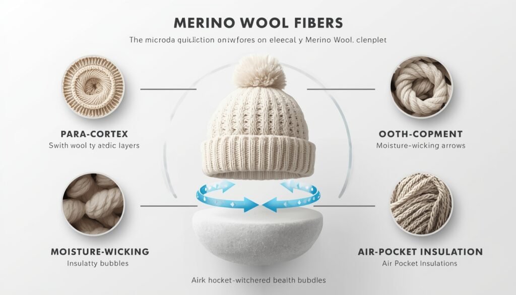 “Scientific-style infographic illustrating the structure and functional properties of Merino wool fibers, including para-cortex cross-section, moisture-wicking fiber bundles, air-pocket insulation strands, and a Merino knit beanie displayed at the center.”