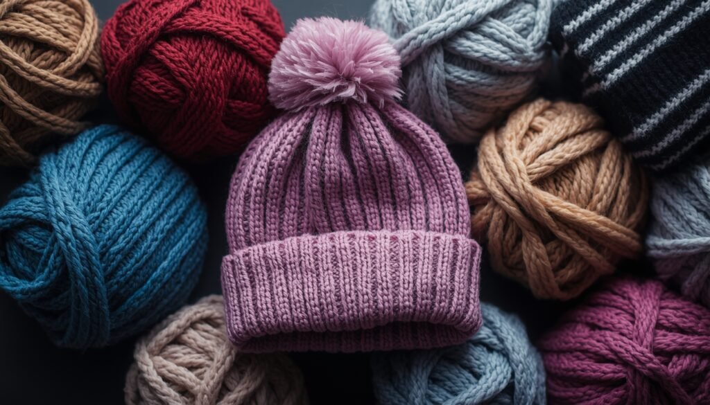 Pink knitted beanie surrounded by colorful yarn balls in various textures and thicknesses
