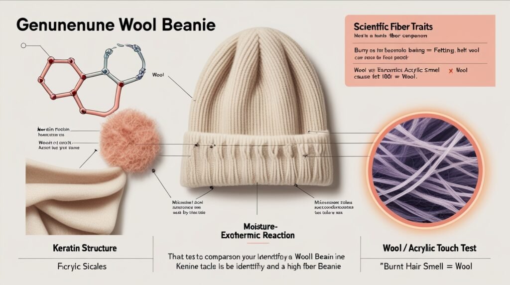 Wool beanie identification diagram showing keratin fiber structure, thermal reaction comparison, and acrylic differentiation