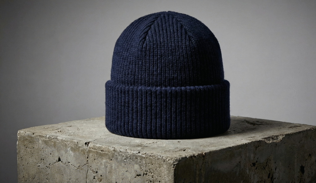 Navy Blue Watch Cap Beanie with Rigid 3-Inch Folded Cuff on Concrete Block
