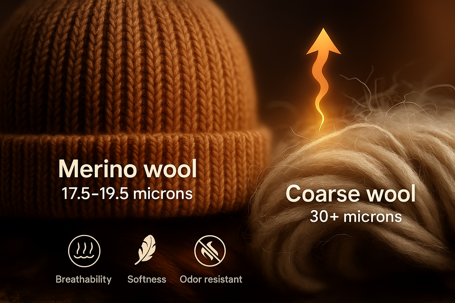 Comparison image showing a Merino wool beanie made from 17.5–19.5 micron fibers versus coarse wool above 30 microns, highlighting breathability, softness, and odor resistance.