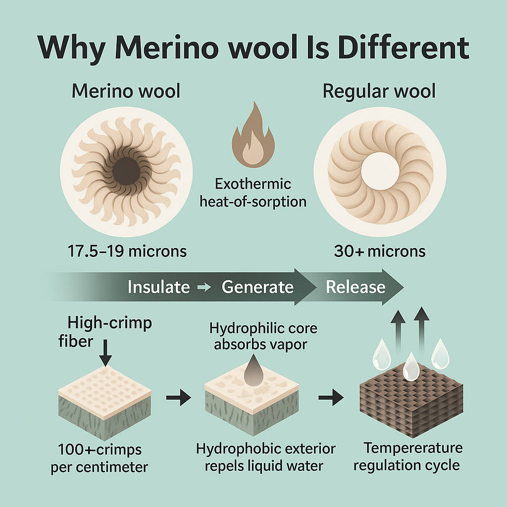 Infographic comparing Merino wool and regular wool, showing 17.5–19.5 micron fibers, exothermic heat-of-sorption, high crimp density, hydrophilic core absorption, hydrophobic exterior, and the temperature regulation cycle