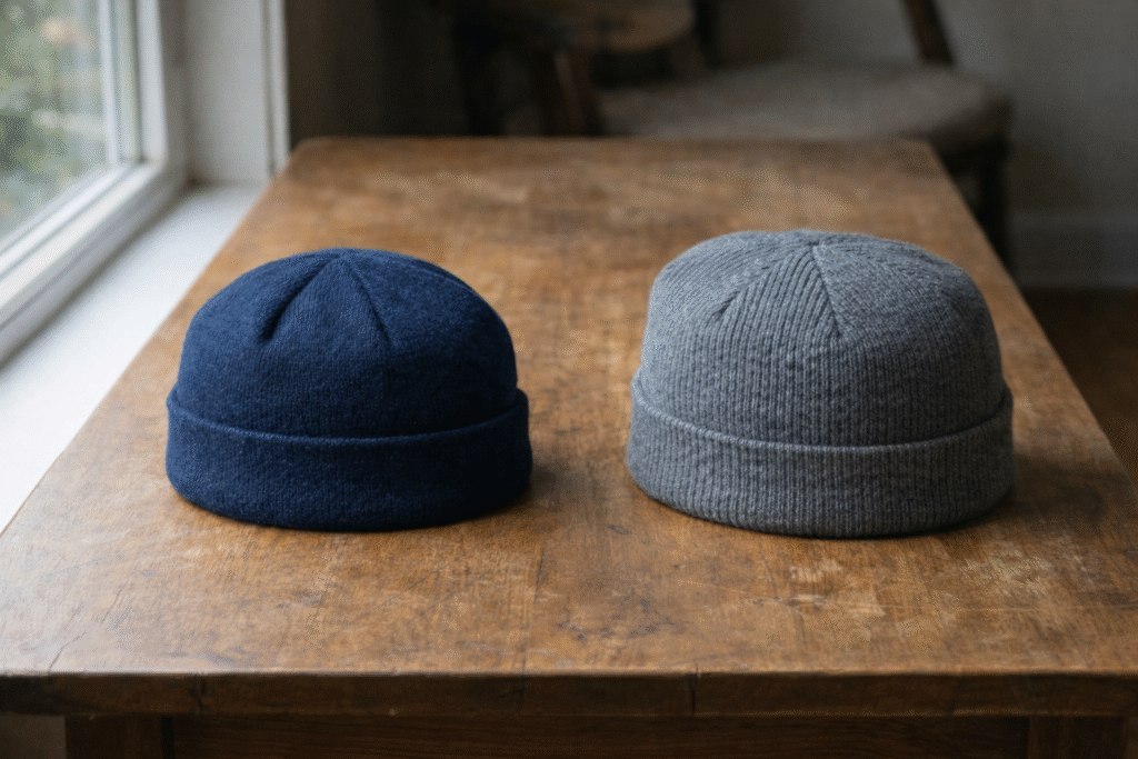 Two knitted beanie hats in navy blue and gray placed side by side on a wooden table near a window