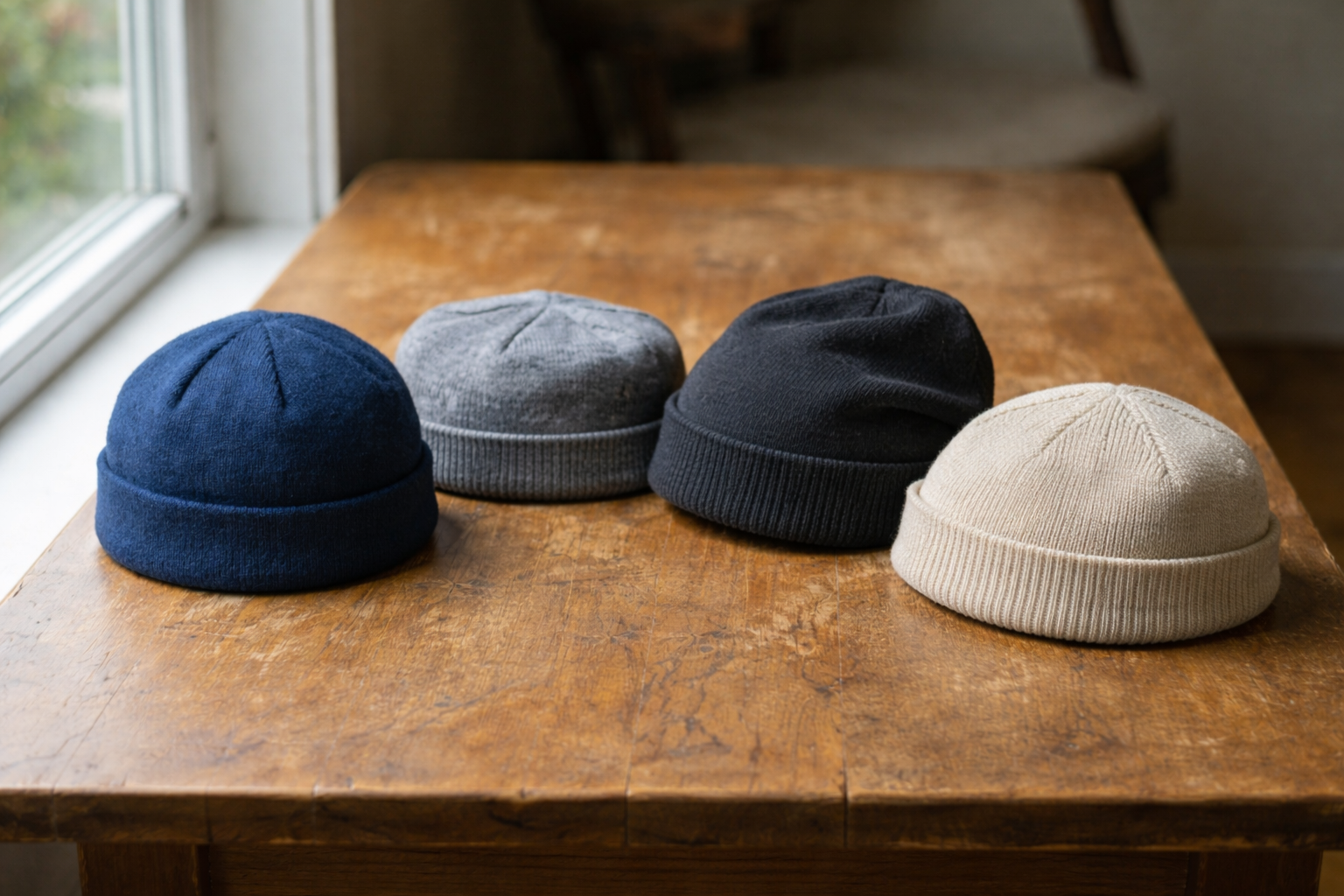 Four knitted beanie hats in navy blue, gray, black, and beige displayed on a wooden table near a window