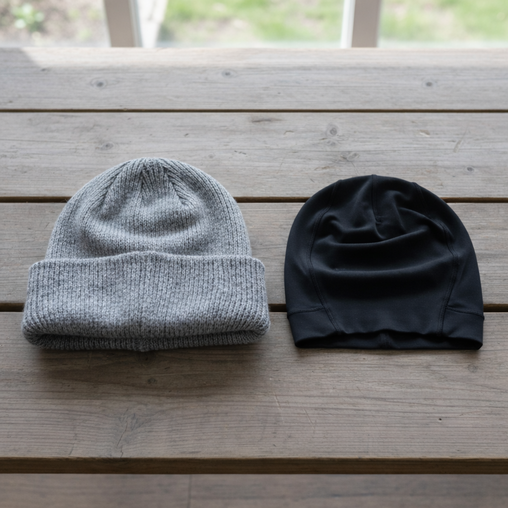 Two beanies placed side by side on a wooden table, a gray knitted beanie with a folded cuff on the left and a black smooth-fabric beanie with stitched seams on the right.