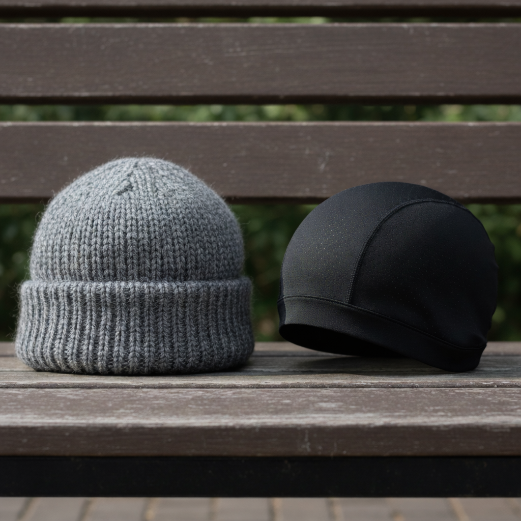 Two beanies placed on a wooden bench, a gray knitted beanie with a folded cuff on the left and a black smooth beanie on the right.