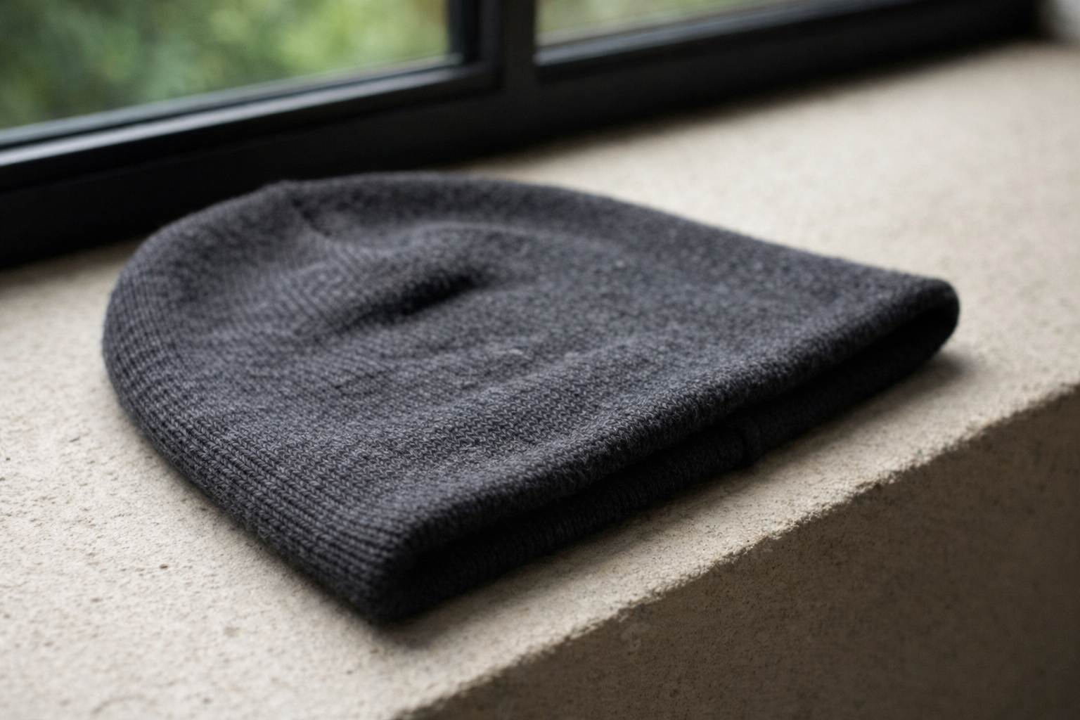 Charcoal gray knit beanie folded flat on a concrete windowsill under natural light