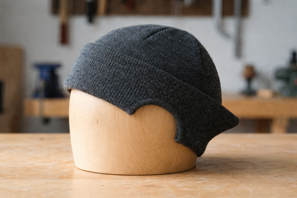 Low-profile charcoal gray knit beanie showing shallow crown and clean edge