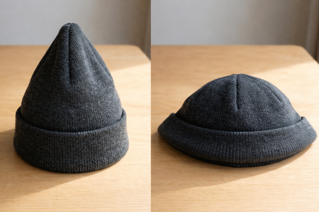 Comparison of charcoal gray knit beanies showing pointed crown versus low-profile fit on a wooden surface