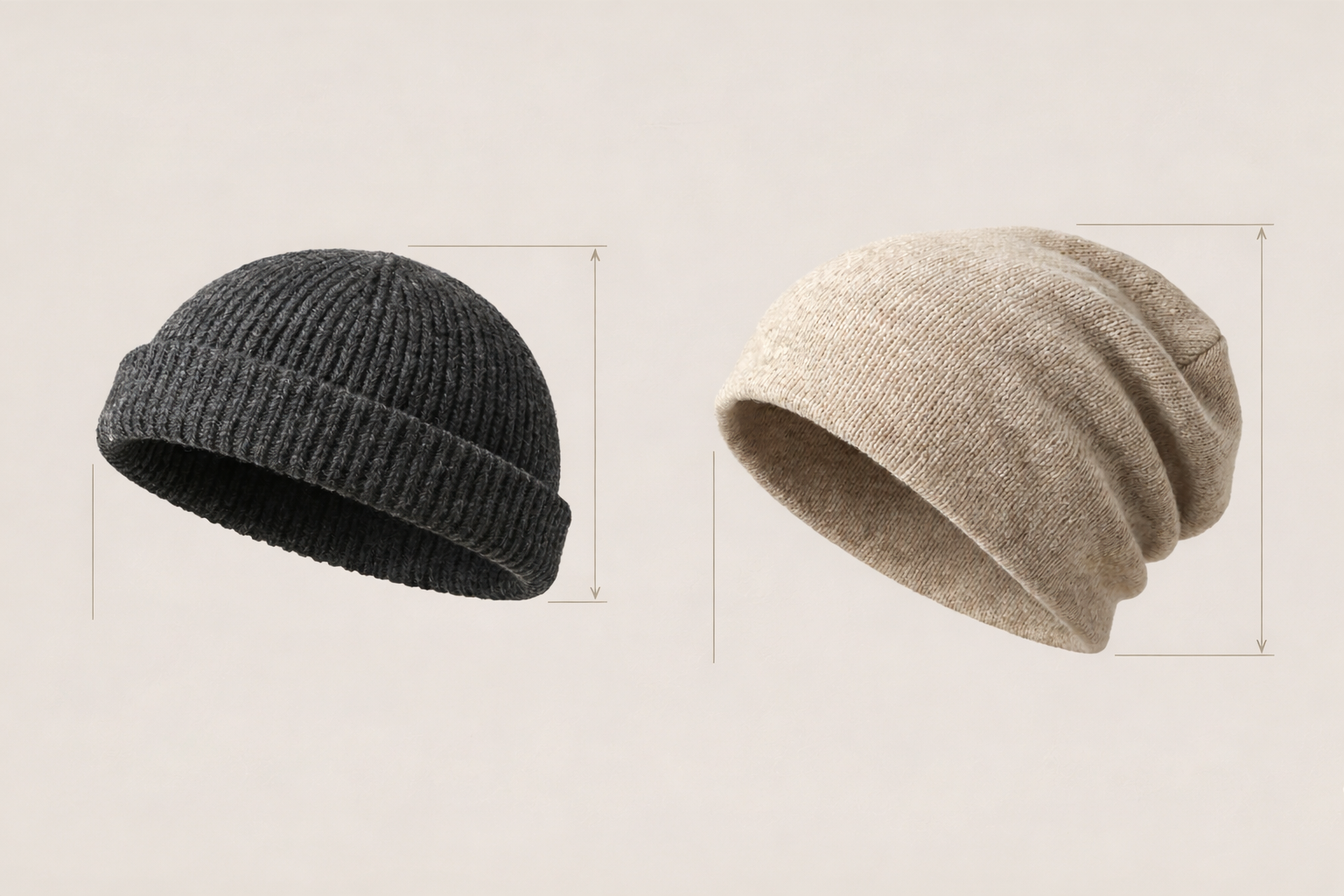 “Comparison of shallow cuffless docker beanie and deep slouch beanie illustrating vertical depth difference”