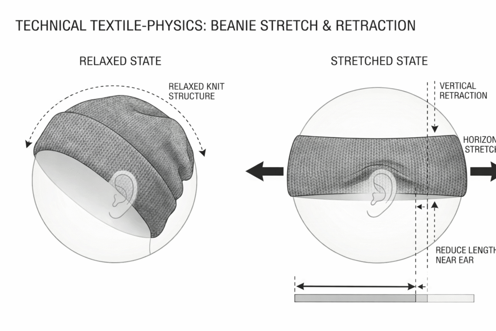 “Technical diagram showing beanie knit stretch and vertical retraction in relaxed versus stretched states near the ear”