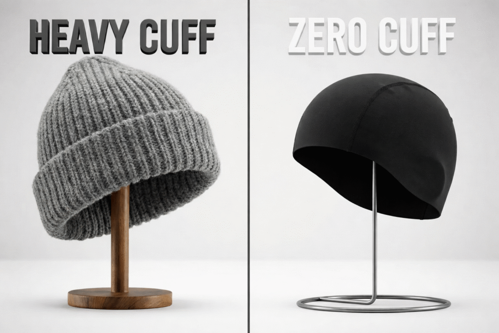 “Comparison of heavy cuff beanie and zero cuff beanie, minimalist Korean headwear design”