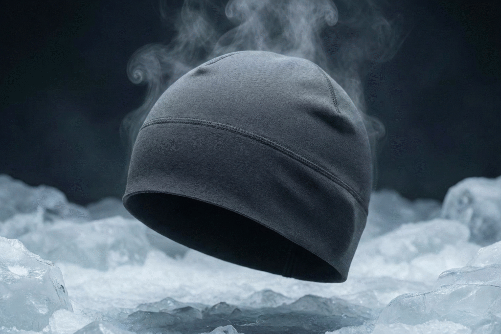 “Zero cuff black beanie suspended above ice, minimalist Korean winter headwear design”