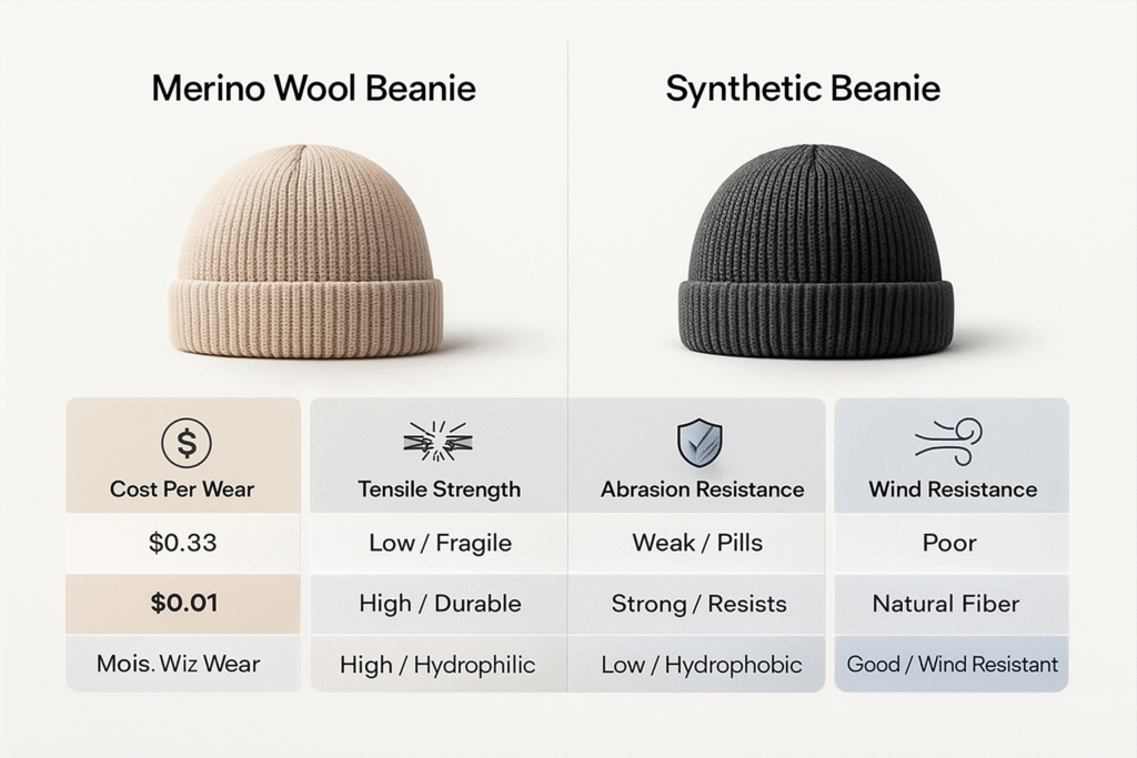Side-by-side infographic comparing a Merino wool beanie with a synthetic beanie across cost per wear, tensile strength, abrasion resistance, moisture behavior, and wind resistance.