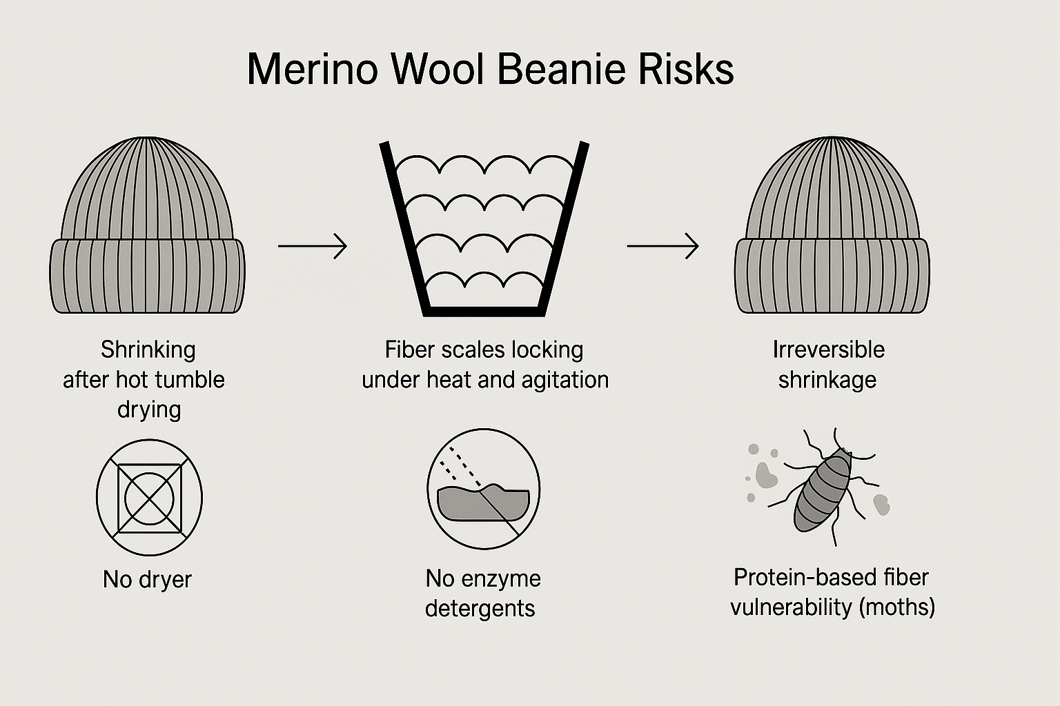 Infographic illustrating Merino wool beanie risks, including shrinking from hot tumble drying, fiber scales locking under heat and agitation, irreversible shrinkage, and vulnerabilities to dryers, enzyme detergents, and moth damage.