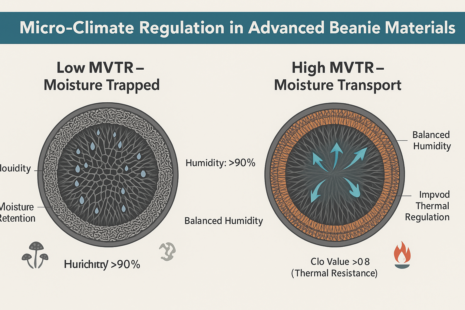 Diagram comparing low MVTR beanie materials that trap moisture with high MVTR materials that transport moisture and improve thermal regulation