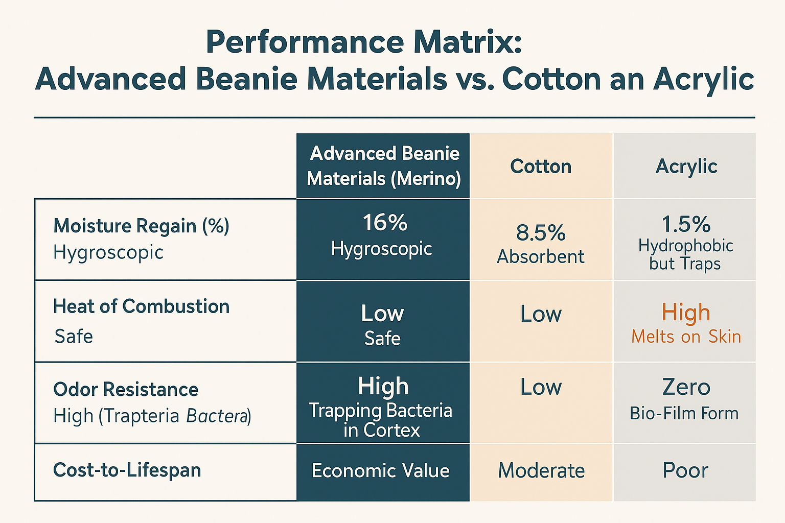 Comparison matrix showing performance differences between Merino advanced beanie materials, cotton, and acrylic for moisture regain, combustion safety, odor resistance, and cost-to-lifespan
