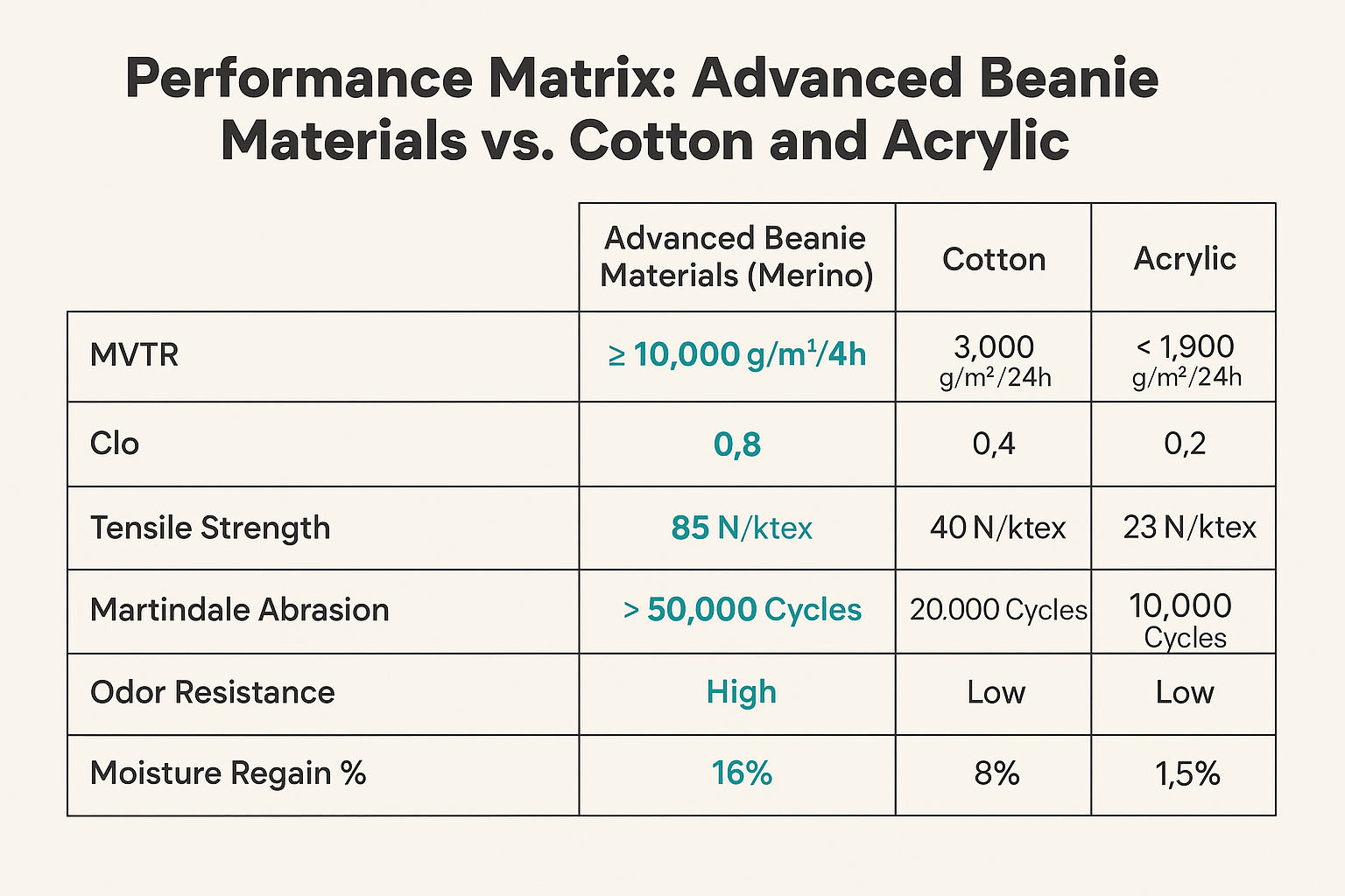 “Comparison table showing MVTR, Clo, tensile strength, abrasion resistance, odor resistance, and moisture regain values for Merino beanie materials versus cotton and acrylic.