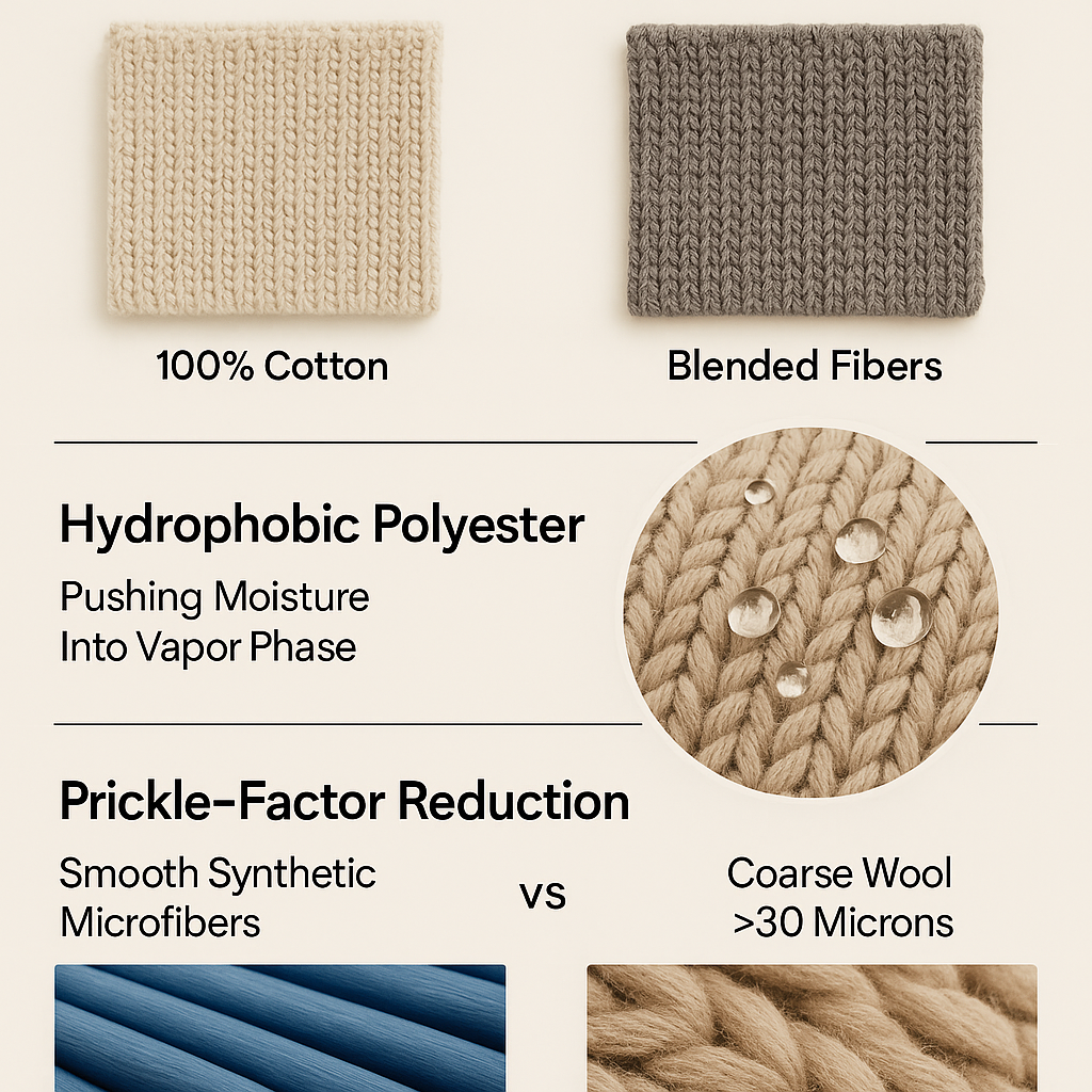 Knit samples of 100% cotton and blended fibers with a close-up of hydrophobic polyester beading moisture and a comparison of smooth synthetic microfibers versus coarse wool over 30 microns.