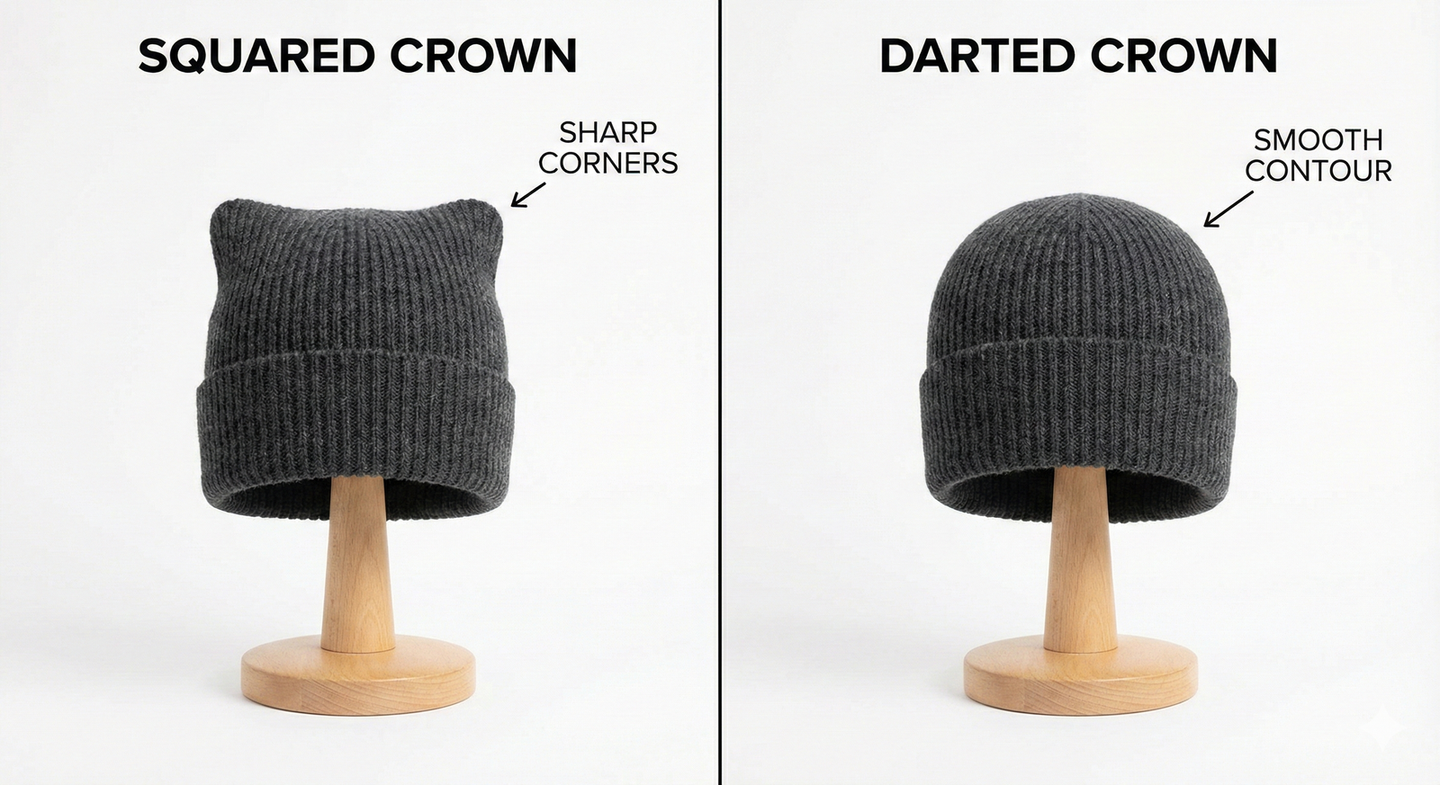 Comparison of beanie hats showing squared crown with sharp corners versus darted crown with smooth rounded contour