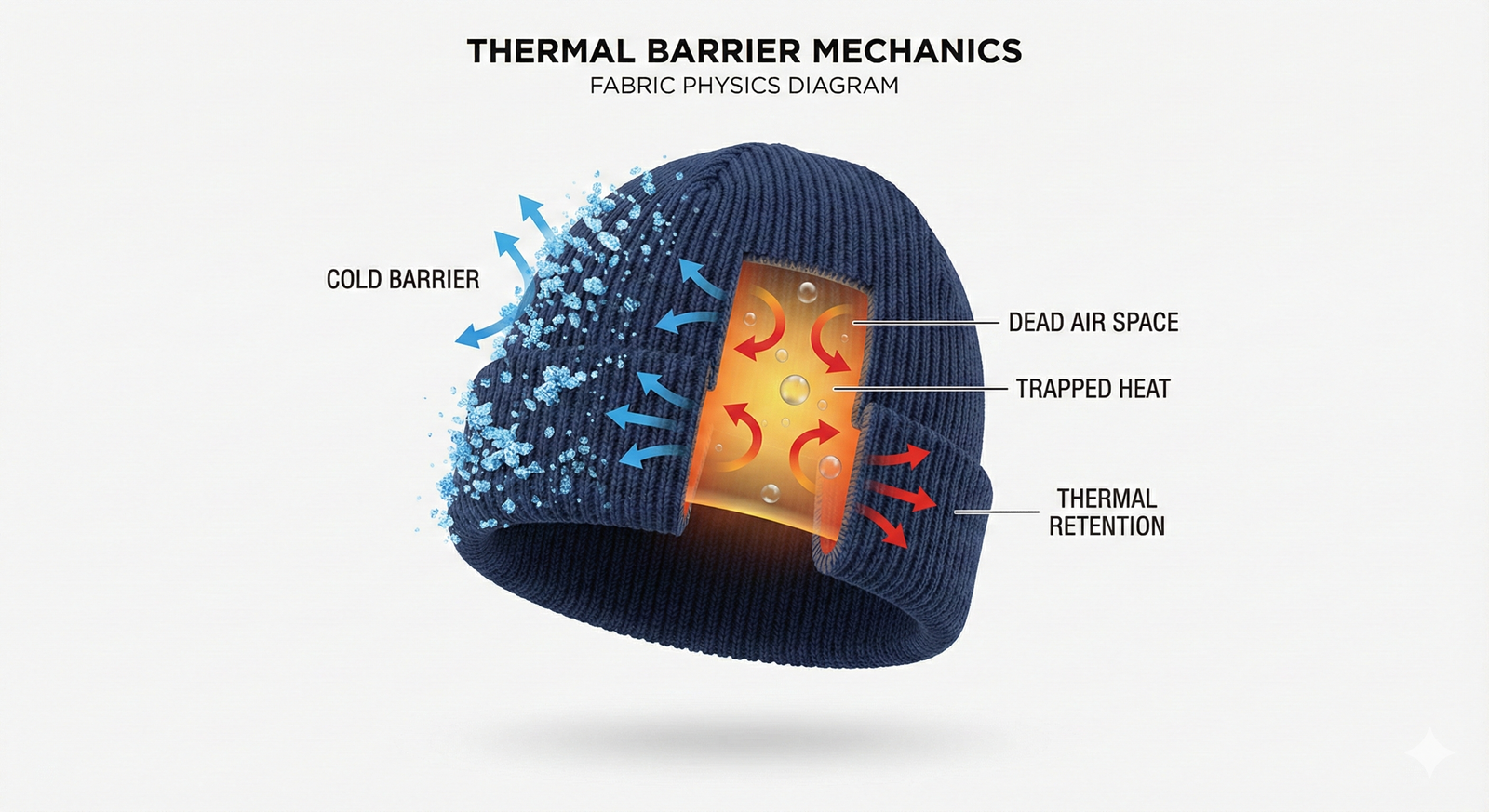 Thermal Barrier Mechanics diagram of a watch cap beanie illustrating how the folded cuff creates dead air space to trap heat and form a cold barrier.