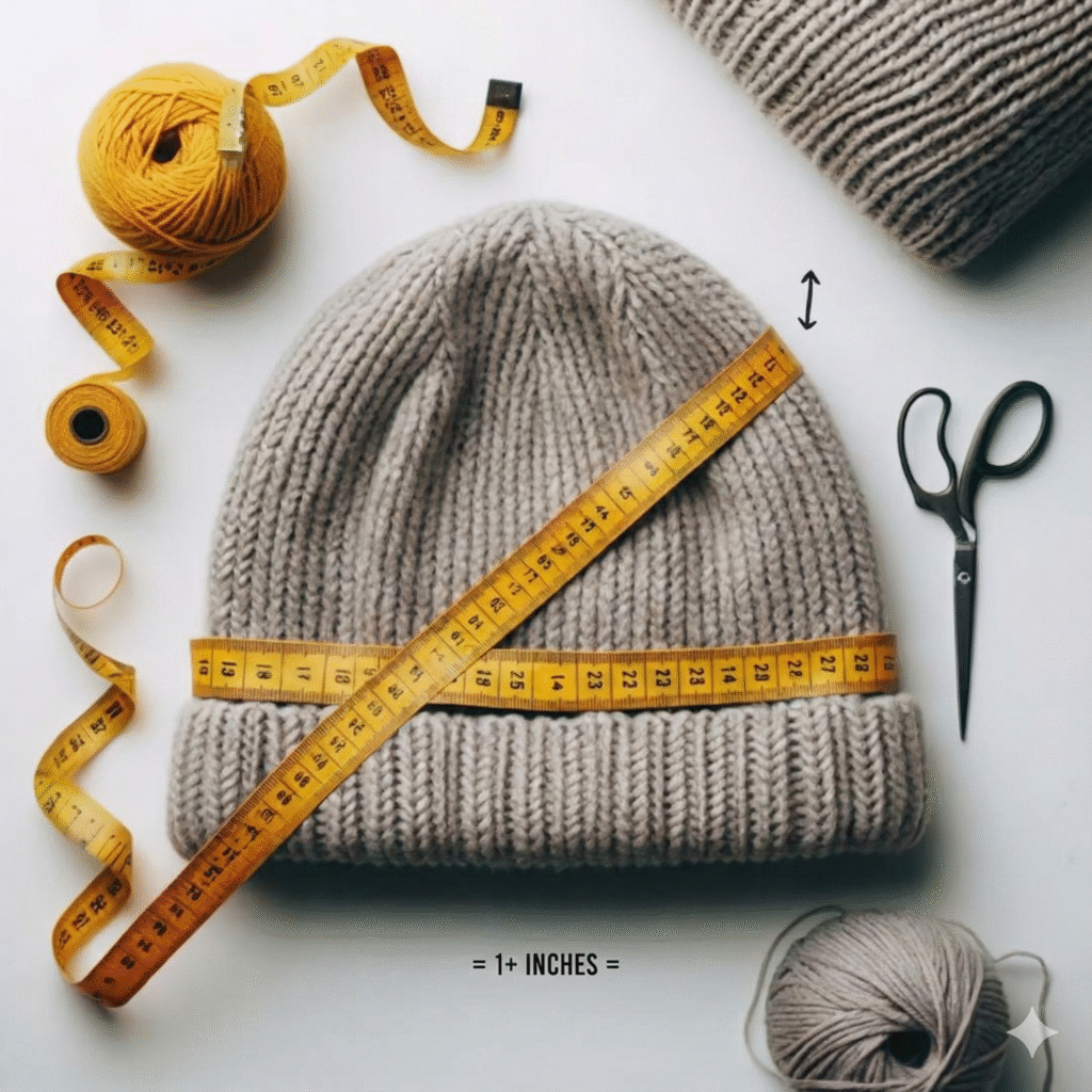 "Flat lay photography of a knit beanie being measured with a yellow tape measure showing over 11 inches of vertical structural length."