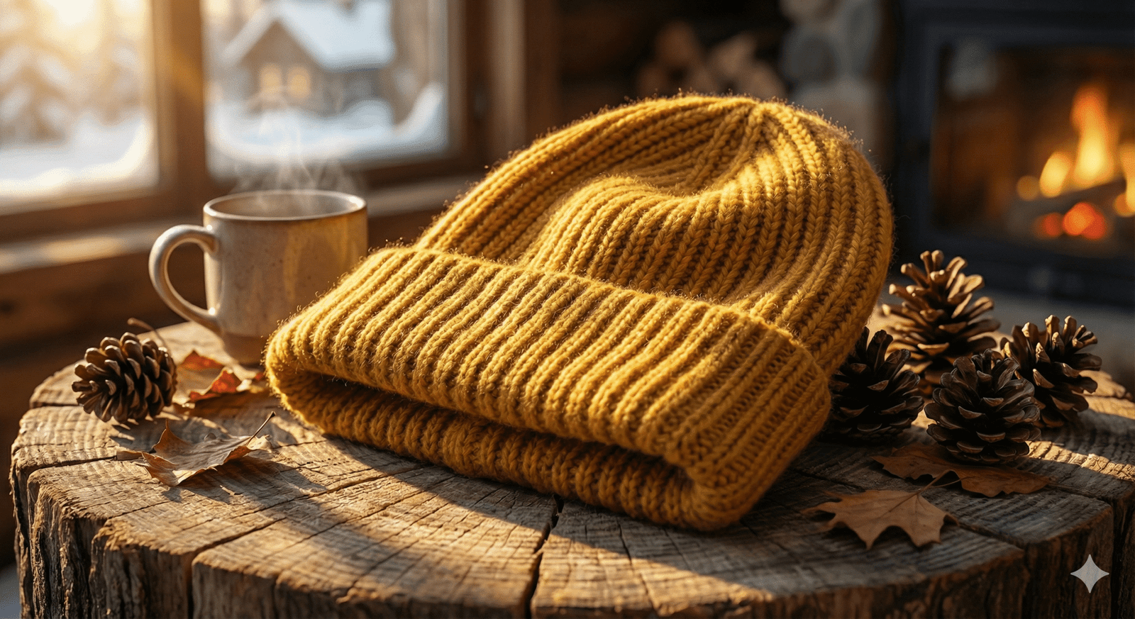 Mustard yellow knitted beanie hat folded on a wooden table with pinecones, autumn leaves, and a warm cup near a fireplace