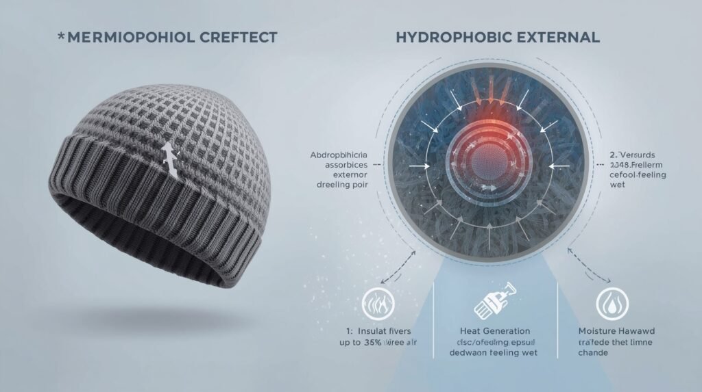 Merino wool beanie cutaway showing hydrophilic core, hydrophobic exterior, and fiber structure used for moisture absorption and heat-of-sorption thermoregulation.