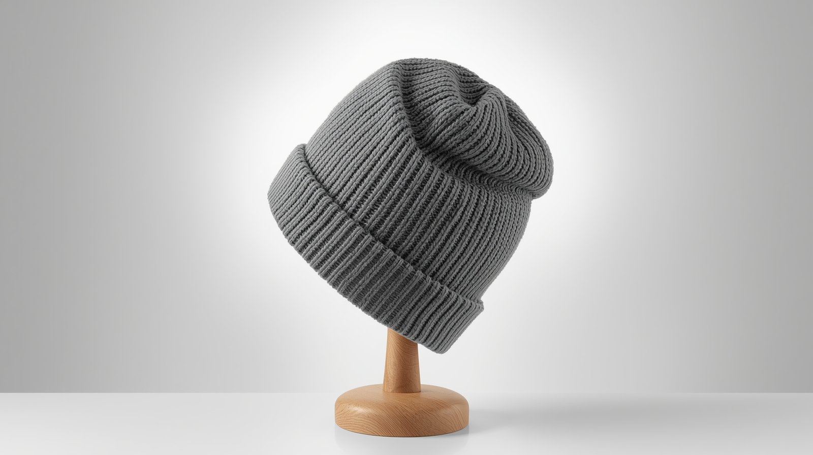 Dark grey slouchy beanie draped over a featureless white sphere, with the excess fabric pooling and folding onto the white table surface behind the sphere