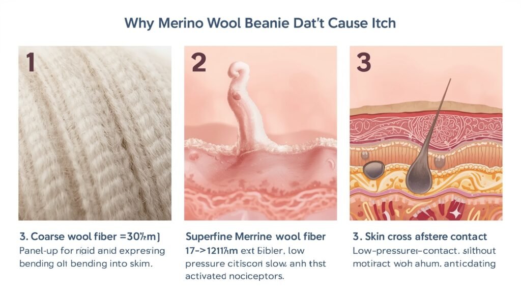 Three-step illustration explaining why superfine Merino wool does not cause skin itch, comparing coarse fibers, Merino fiber interaction with skin, and skin response.