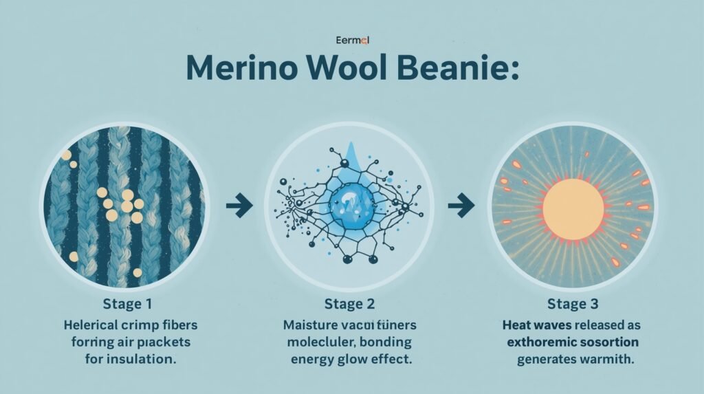 Three-stage diagram showing how Merino wool fibers trap air, absorb moisture at a molecular level, and release heat through an exothermic reaction