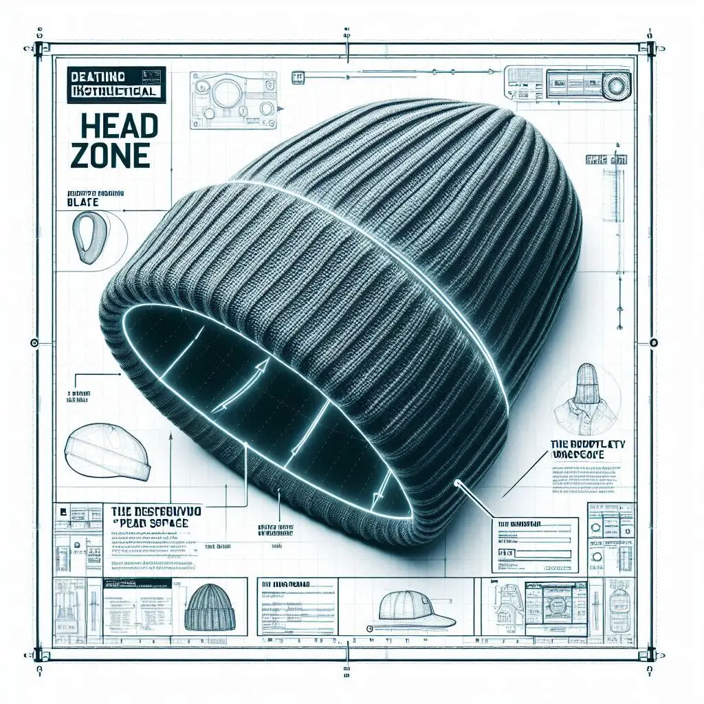 Technical blueprint diagram of a knit beanie highlighting the 'Reservoir' of negative space above the crown required for a slouchy fit