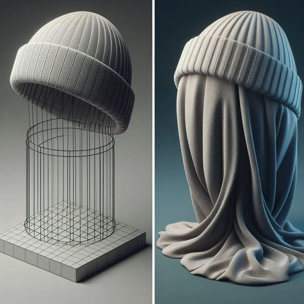 Split-screen comparison showing a stiff short beanie causing a cone-head effect versus a long slouchy beanie with proper structural length draping naturally."