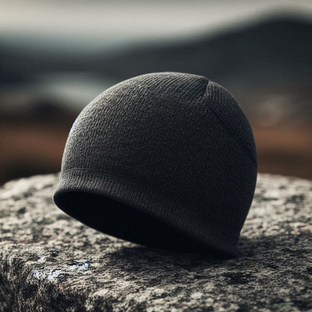“Minimal black cuffless beanie resting on stone surface, Korean-style winter headwear”
