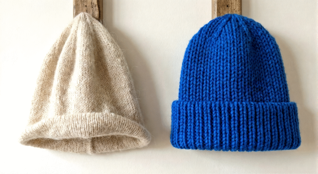 Two hand-knitted beanies hanging on wooden pegs; one is a fuzzy cream-colored wool with a rolled brim, and the other is a vibrant cobalt blue with a chunky ribbed texture and folded cuff.