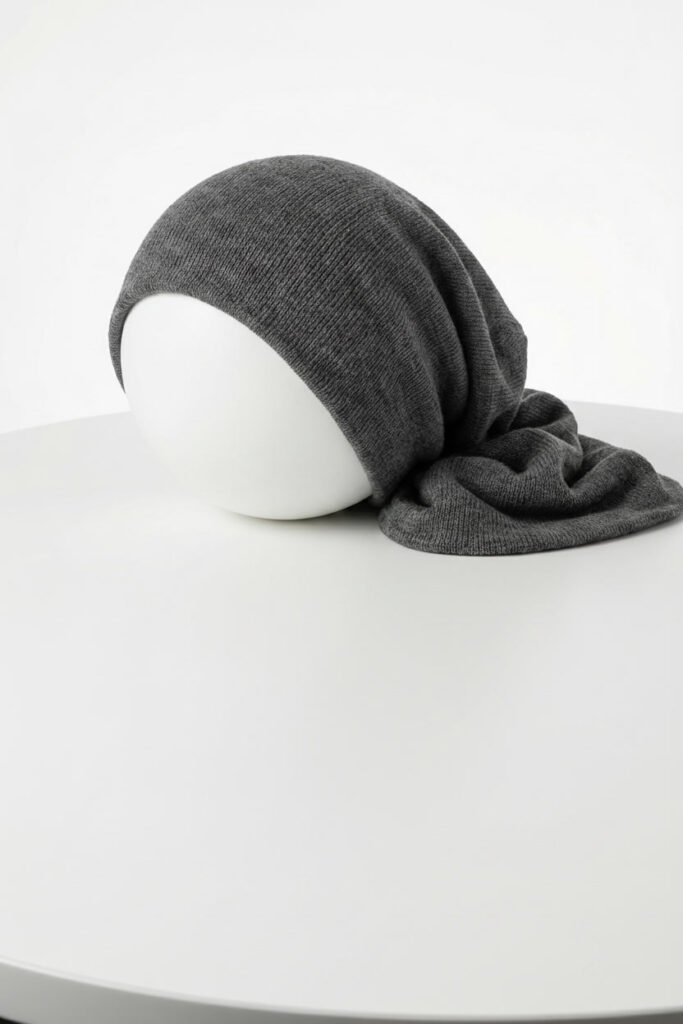 A side profile view of a grey ribbed knit slouchy beanie worn on a white mannequin head, illustrating the characteristic folds and drape of the extra fabric at the back of the neck.