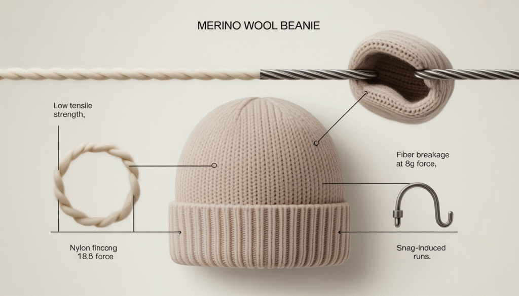 Infographic showing the structural weaknesses of a Merino wool beanie, including low tensile strength, fiber breakage at 8g force, and snag-induced runs compared to stronger nylon fibers.