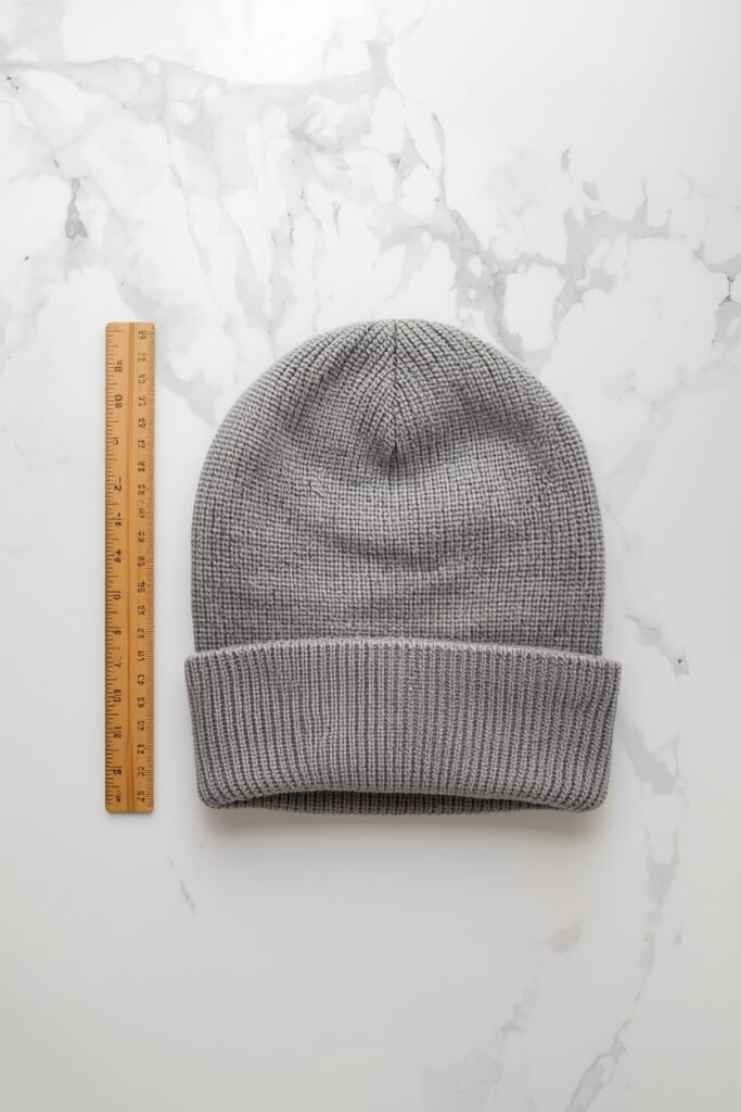 Top-down flat lay of grey ribbed beanie on white marble next to a wooden ruler showing vertical length.
