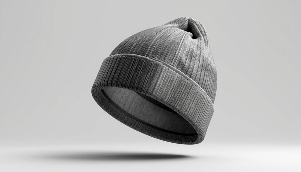 Gray ribbed knit beanie hat with folded cuff, designed for warmth and everyday winter use