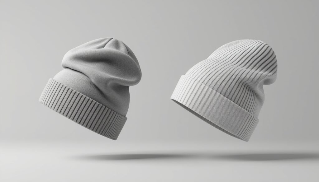 Two gray ribbed knit beanie hats with folded cuffs, showing different fits and knit structures for winter use