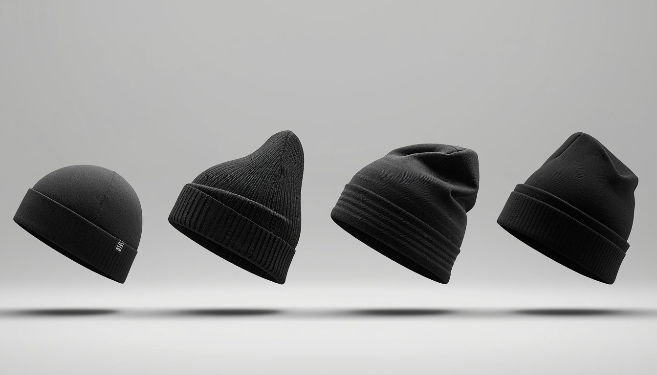 Black beanie hats in different styles and shapes, designed for warmth and modern winter fashion