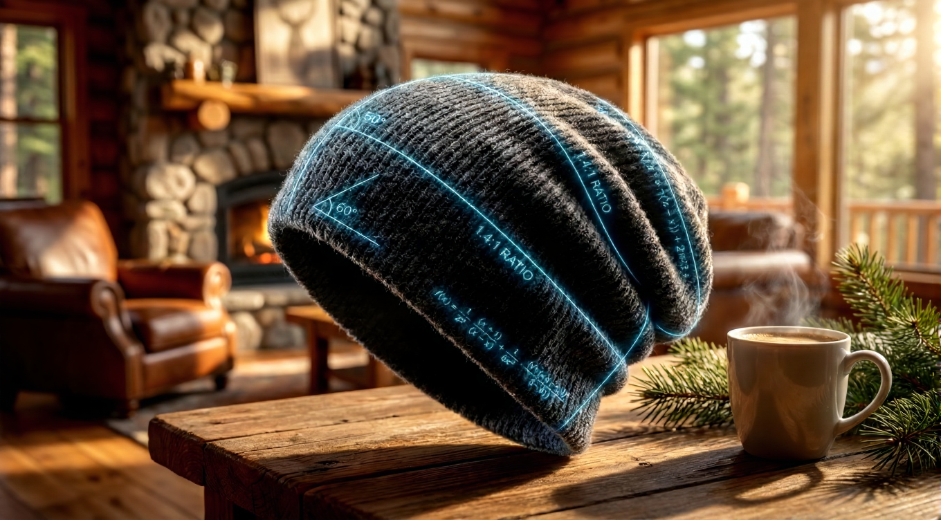 A grey knit beanie floating above a wooden table with glowing blue holographic mathematical formulas and geometric diagrams overlaid on its surface.
