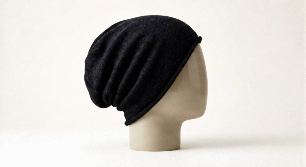 A black slouchy knit beanie displayed on a tan mannequin head against a plain white background.