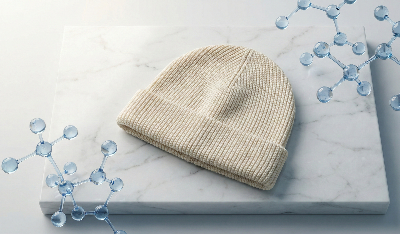 Premium cream-colored organic cotton beanie displayed on a white marble slab with floating 3D cellulose molecular structures.