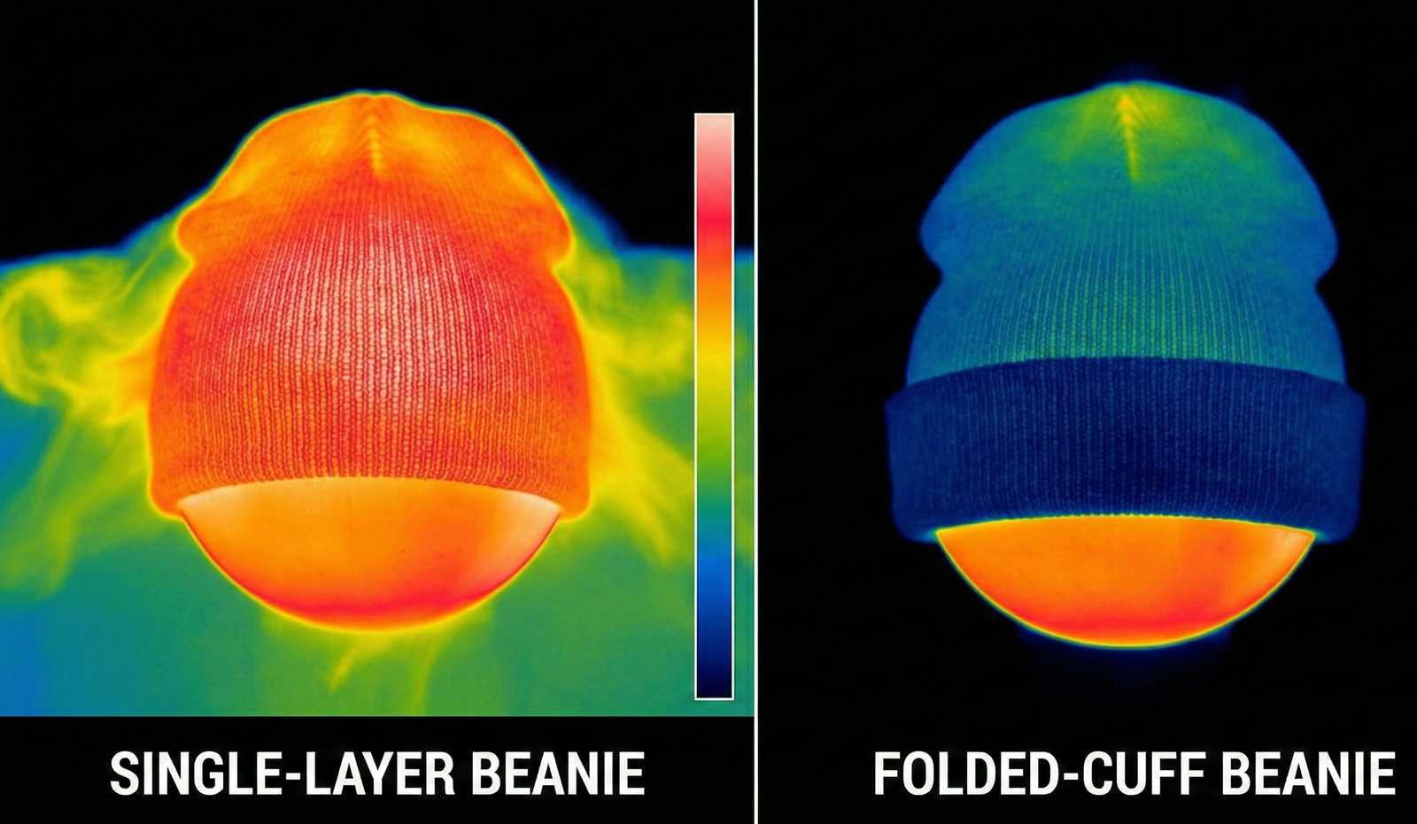 Diagram labeled "Insulation Barrier" showing the "Inner Knit Layer," "Dead Air Space," and "Outer Knit Layer" of a beanie to explain heat retention.