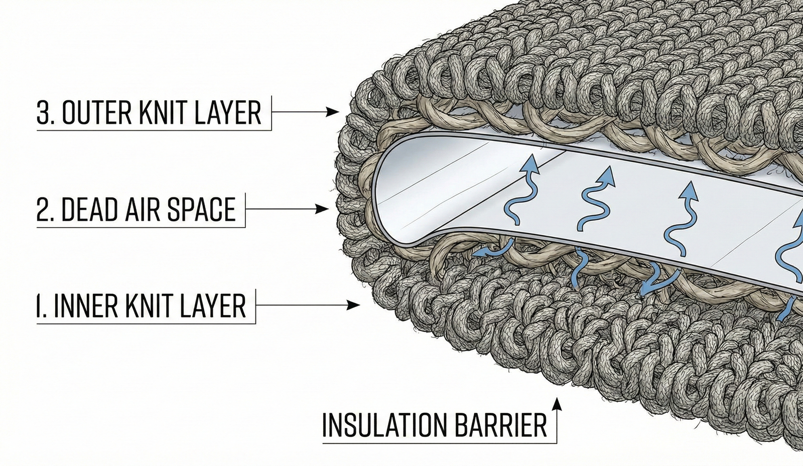 Technical diagram showing the cross-section of a double-layer beanie, labeled with "Inner Knit Layer," "Dead Air Space," and "Outer Knit Layer" to illustrate how the gap between fabrics forms an "Insulation Barrier."